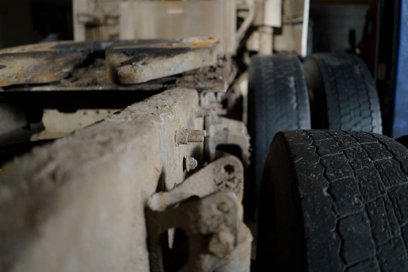 Commercial truck chassis and tire close-up