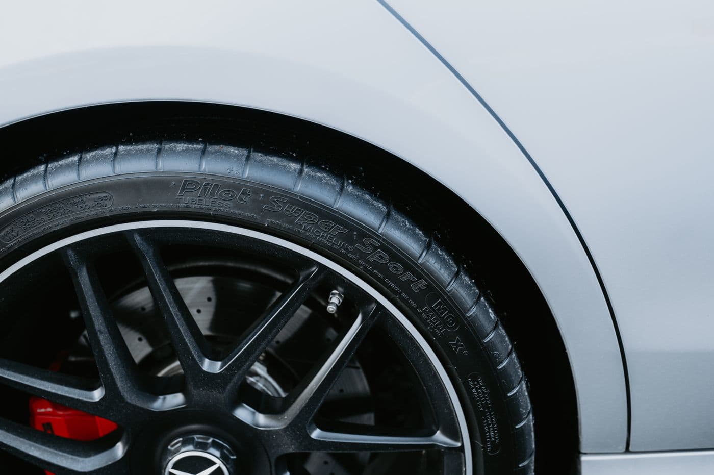 Close view of a performance tire and wheel